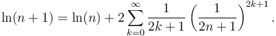 \ln (n+1) = \ln(n) + 2\sum_{k=0}^\infty\frac{1}{2k+1}\left(\frac{1}{2 n+1}\right)^{2k+1}.