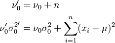 \begin{align}
\nu_0' &= \nu_0 + n \\
\nu_0'{\sigma_0^2}' &= \nu_0 \sigma_0^2 + \sum_{i=1}^n (x_i-\mu)^2
\end{align}