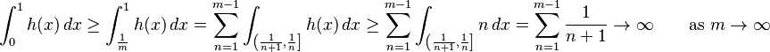 \int_0^1 h(x)\,dx \ge \int_{\frac{1}{m}}^1{h(x)\,dx} = \sum_{n=1}^{m-1} \int_{\left(\frac{1}{n+1},\frac{1}{n}\right]}{h(x)\,dx} \ge \sum_{n=1}^{m-1} \int_{\left(\frac{1}{n+1},\frac{1}{n}\right]}{n\,dx}=\sum_{n=1}^{m-1} \frac{1}{n+1} \to \infty \qquad \text{as }m\to\infty  