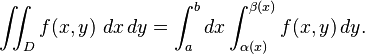 \iint_D f(x,y)\ dx\, dy = \int_a^b dx \int_{ \alpha (x)}^{ \beta (x)} f(x,y)\, dy.