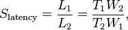 S_\text{latency} = \frac{L_1}{L_2} = \frac{T_1W_2}{T_2W_1},