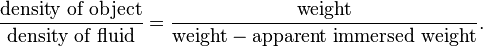  \frac { \text {density of object}} { \text{density of fluid} } = \frac { \text{weight}} { \text{weight} - \text{apparent immersed weight}}.\,