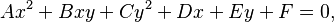 Ax^2 + Bxy + Cy^2 +Dx + Ey + F = 0, 