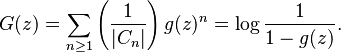  G(z) = \sum_{n\ge 1} \left(\frac{1}{|C_n|}\right) g(z)^n = 
\log \frac{1}{1-g(z)}.