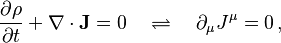 \frac{\partial \rho}{\partial t} + \nabla\cdot\mathbf{J} = 0 \quad \rightleftharpoons  \quad \partial_\mu J^\mu = 0 \,, 