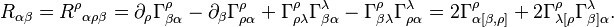 
R_{\alpha\beta} = {R^\rho}_{\alpha\rho\beta} =
\partial_{\rho}{\Gamma^\rho_{\beta\alpha}} - \partial_{\beta}\Gamma^\rho_{\rho\alpha}
+ \Gamma^\rho_{\rho\lambda} \Gamma^\lambda_{\beta\alpha}
- \Gamma^\rho_{\beta\lambda}\Gamma^\lambda_{\rho\alpha}
= 2 \Gamma^{\rho}_{{\alpha[\beta,\rho]}} +
2 \Gamma^\rho_{\lambda [\rho} \Gamma^\lambda_{\beta]\alpha}
.