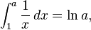 \int_1^a \frac{1}{x}\,dx = \ln a,