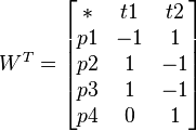 W^T=\begin{bmatrix} * & t1 & t2 \\ p1 & -1  & 1 \\ p2 & 1 & -1 \\ p3 & 1 & -1 \\ p4 & 0 & 1 \end{bmatrix}