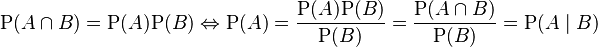 
\mathrm{P}(A \cap B) = \mathrm{P}(A)\mathrm{P}(B) \Leftrightarrow \mathrm{P}(A) = \frac{\mathrm{P}(A) \mathrm{P}(B)}{\mathrm{P}(B)} = \frac{\mathrm{P}(A \cap B)}{\mathrm{P}(B)} = \mathrm{P}(A\mid B)
