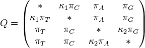 Q= \begin{pmatrix} {*} & {\kappa_1\pi_C} & {\pi_A} & {\pi_G} \\ {\kappa_1\pi_T} & {*} & {\pi_A} & {\pi_G} \\ {\pi_T} & {\pi_C} & {*} & {\kappa_2\pi_G} \\ {\pi_T} & {\pi_C} & {\kappa_2\pi_A} & {*}  \end{pmatrix}