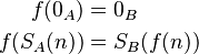 \begin{align}
f(0_A) &= 0_B \\
f(S_A (n)) &= S_B (f (n))
\end{align}