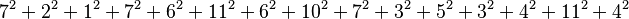 7^2+2^2+1^2 + 7^2+6^2 + 11^2+6^2 + 10^2+7^2+3^2 + 5^2+3^2+4^2 + 11^2+4^2