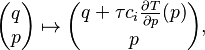 
\begin{pmatrix}
 q \\ p
\end{pmatrix}
\mapsto
\begin{pmatrix}
 q + \tau c_i \frac{\partial T}{\partial p}(p)\\
 p
\end{pmatrix},
