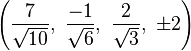 \left(\frac{7}{\sqrt{10}},\ \frac{-1}{\sqrt{6}},\   \frac{2}{\sqrt{3}},\  \pm2\right)