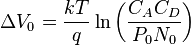 \Delta {{V}_{0}}=\frac{kT}{q}\ln \left( \frac{{{C}_{A}}{{C}_{D}}}{{{P}_{0}}{{N}_{0}}} \right)