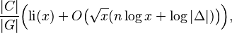 \frac{|C|}{|G|}\Bigl(\mathrm{li}(x)+O\bigl(\sqrt x(n\log x+\log|\Delta|)\bigr)\Bigr),