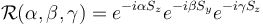  \mathcal{R}(\alpha,\beta,\gamma) = e^{-i\alpha S_z}e^{-i\beta S_y}e^{-i\gamma S_z}