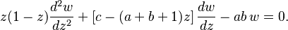 z(1-z)\frac {d^2w}{dz^2} + \left[c-(a+b+1)z \right] \frac {dw}{dz} - ab\,w = 0.