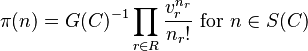 \pi(n) = G(C)^{-1} \prod_{r \in R} \frac{v_r^{n_r}}{n_r!} \text { for } n \in S(C)