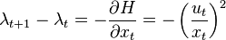 \lambda_{t+1} - \lambda_t = -\frac{\partial H}{\partial x_t} = -\left( \frac{u_t}{x_t} \right)^2