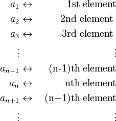 \begin{align} a_1   &\leftrightarrow&   \text{  1st element} \\
a_2   &\leftrightarrow &\text{  2nd element } \\
a_3   &\leftrightarrow &\text{  3rd element } \\
\vdots& &\vdots \\
a_{n-1}   &\leftrightarrow &\text{  (n-1)th element} \\
a_n   &\leftrightarrow &\text{  nth element} \\
a_{n+1}   &\leftrightarrow &\text{  (n+1)th element} \\
\vdots& &\vdots
 \end{align}