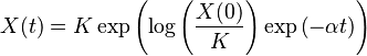  X(t) = K \exp\left( \log\left( \frac{X(0)}{K} \right) \exp\left(-\alpha t \right) \right) 