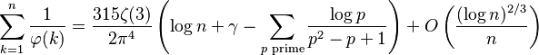 \sum_{k=1}^n\frac{1}{\varphi(k)} = \frac{315\zeta(3)}{2\pi^4}\left(\log n+\gamma-\sum_{p\text{ prime}}\frac{\log p}{p^2-p+1}\right)+O\left(\frac{(\log n)^{2/3}}n\right)