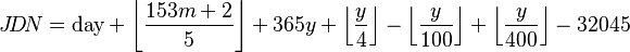 
J\!D\!N = 
\text{day} + 
\left\lfloor\frac{153m+2}{5}\right\rfloor +
365y+
\left\lfloor\frac{y}{4}\right\rfloor -
\left\lfloor\frac{y}{100}\right\rfloor +
\left\lfloor\frac{y}{400}\right\rfloor -
32045
