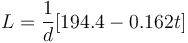 L = \frac{1}{d}[194.4 - 0.162t]