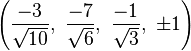 \left(\frac{-3}{\sqrt{10}},\ \frac{-7}{\sqrt{6}},\  \frac{-1}{\sqrt{3}},\ \pm1\right)