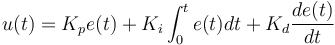 u(t) = K_p e(t) + K_i \int_{0}^{t}e(t)dt + K_d \frac{de(t)}{dt}