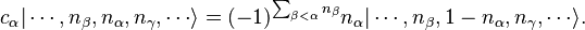 c_\alpha|\cdots,n_\beta,n_\alpha,n_\gamma,\cdots\rangle= (-1)^{\sum_{\beta<\alpha}n_\beta} n_\alpha|\cdots,n_\beta,1-n_\alpha,n_\gamma,\cdots\rangle.