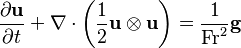 
{\partial \bold u \over \partial t} + \nabla \cdot \left(\frac 1 2 \mathbf u \otimes \mathbf u \right) = \frac 1 {\mathrm{Fr}^2} \mathbf g
