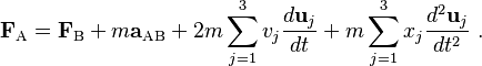 \mathbf{F}_\mathrm{A} = \mathbf{F}_\mathrm{B} + m\mathbf{a}_\mathrm{AB}+ 2m \sum_{j=1}^3 v_j \frac{d \mathbf{u}_j}{dt} + m \sum_{j=1}^3 x_j \frac{d^2 \mathbf{u}_j}{dt^2}\ . 