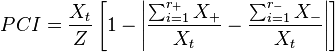  PCI = \frac{ X_t }{ Z } \left[ 1 - \left| \frac{ \sum_{ i = 1 }^{ r_+ } X_+ }{ X_t } - \frac{ \sum _{ i = 1 }^{ r_- } X_-} { X_t } \right| \right] 