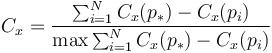 C_x=\frac{\sum_{i=1}^{N} C_x(p_*)-C_x(p_i)}{\max \sum_{i=1}^{N} C_x(p_*)-C_x(p_i)}