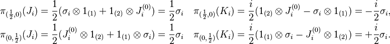 \begin{align}
\pi_{(\frac{1}{2},0)}(J_i) & = \frac{1}{2}(\sigma_i\otimes 1_{(1)} + 1_{(2)}\otimes J^{(0)}_i) = \frac{1}{2}\sigma_i\quad\pi_{(\frac{1}{2},0)}(K_i) = \frac{i}{2}(1_{(2)}\otimes J^{(0)}_i - \sigma_i \otimes 1_{(1)}) = -\frac{i}{2}\sigma_i,\\
\pi_{(0,\frac{1}{2})}(J_i) & = \frac{1}{2}(J^{(0)}_i\otimes 1_{(2)} + 1_{(1)}\otimes \sigma_i) = \frac{1}{2}\sigma_i\quad\pi_{(0,\frac{1}{2})}(K_i) = \frac{i}{2}(1_{(1)}\otimes\sigma_i  - J^{(0)}_i \otimes 1_{(2)}) = +\frac{i}{2}\sigma_i.
\end{align}