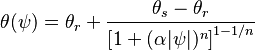 \theta(\psi) = \theta_r + \frac{\theta_s - \theta_r}{\left[ 1+(\alpha |\psi|)^n \right]^{1-1/n}}