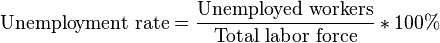 \text{Unemployment rate}=\frac{\text{Unemployed workers}}{\text{Total labor force}} * 100\%