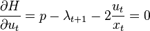 \frac{\partial H}{\partial u_t} = p - \lambda_{t+1} - 2\frac{u_t}{x_t} = 0