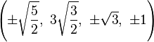 \left(\pm\sqrt{\frac{5}{2}},\ 3\sqrt{\frac{3}{2}},\ \pm\sqrt{3},\ \pm1\right)