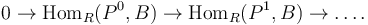 0\rightarrow\operatorname{Hom}_R(P^0,B)\rightarrow  \operatorname{Hom}_R(P^1,B) \rightarrow \dots.