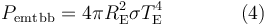 P_{\rm emt\,bb} = 4 \pi R_{\rm E}^2 \sigma T_{\rm E}^4 \qquad \qquad (4)