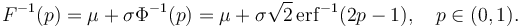 
    F^{-1}(p)
      = \mu + \sigma\Phi^{-1}(p)
      = \mu + \sigma\sqrt2\,\operatorname{erf}^{-1}(2p - 1), \quad p\in(0,1).
  