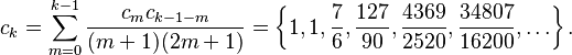 c_k=\sum_{m=0}^{k-1}\frac{c_m c_{k-1-m}}{(m+1)(2m+1)} = \left\{1,1,\frac{7}{6},\frac{127}{90},\frac{4369}{2520},\frac{34807}{16200},\ldots\right\}.