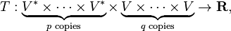  T: \underbrace{ V^* \times\dots\times V^*}_{p \text{ copies}} \times \underbrace{ V \times\dots\times V}_{q \text{ copies}} \rightarrow \mathbf{R}, 