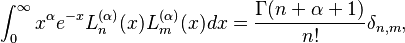 \int_0^\infty x^\alpha e^{-x} L_n^{(\alpha)}(x)L_m^{(\alpha)}(x)dx=\frac{\Gamma(n+\alpha+1)}{n!} \delta_{n,m},