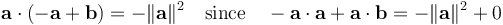 
\mathbf{a}\cdot(-\mathbf{a}+\mathbf{b}) = -\|\mathbf{a}\|^2 \quad\mathrm{since}\quad -\mathbf{a}\cdot\mathbf{a}+\mathbf{a}\cdot\mathbf{b} = -\|\mathbf{a}\|^2+0 
