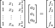 
\begin{bmatrix}
     1      &     x_1     &     x_1^2  \\ 
     1      &     x_2     &     x_2^2  \\
     \vdots &     \vdots  &     \vdots \\
     1      &     x_n    &      x_n^2
\end{bmatrix}

\begin{bmatrix}
     a_2       \\ 
     a_1       \\
     a_0       \\
\end{bmatrix}
=
\begin{bmatrix}
     f_1       \\ 
     f_2       \\
     \vdots    \\
     f_n      
\end{bmatrix}
