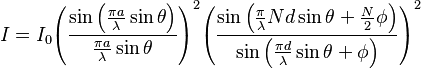 
I =I_0{{\left(\frac{\sin \left(\frac{{\pi a}}{\lambda } \sin\theta\right)}{\frac{{\pi a}}{\lambda }
\sin\theta}\right)}^2}{{\left(\frac{\sin \left(\frac{\pi }{\lambda } N d \sin\theta+\frac{N}{2} \phi \right)}{\sin
\left(\frac{{\pi d}}{\lambda } \sin\theta+\phi \right)}\right)}^2}  
